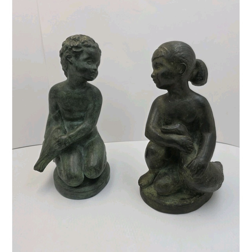 VTG Amphora Spain Boy Girl w/ Dove & Duck Verdigris Art Pottery Statue Pair